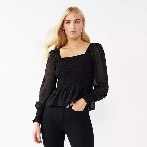 Nine West Blouse Black Smocked Square Neck Polka Dot Long Sheer Sleeves XS - Picture 1 of 13